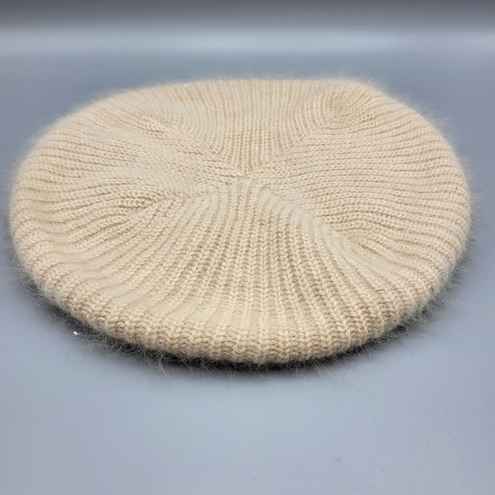 Vintage Aris Knit Beret Hat Women OS Beige Cream USA Fuzzy Angora Wool Blend